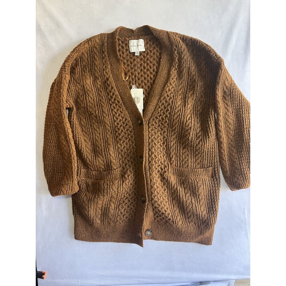 Pink Rose Brown Cable Knit Button Front Cardigan Sweater Size M NWT